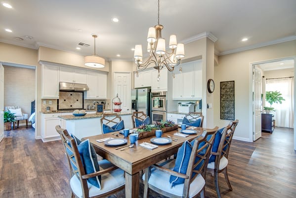 Elegant dining room setup with a large table