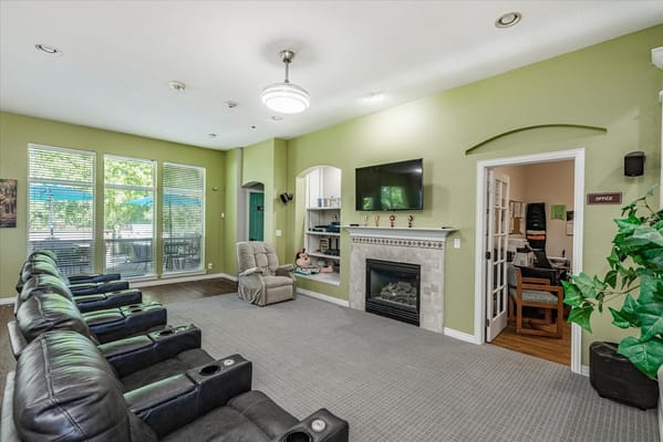 Cozy common area with seating and fireplace