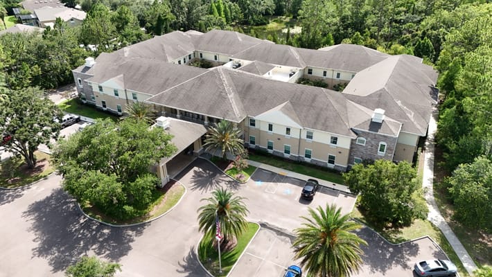 Aerial view of the Legacy at Highwoods Preserve building and grounds