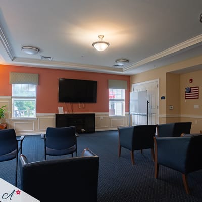 Interior view of a common area with seating