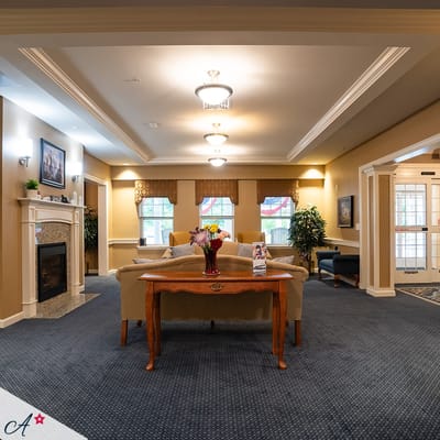 Interior view of a common area with seating and decor