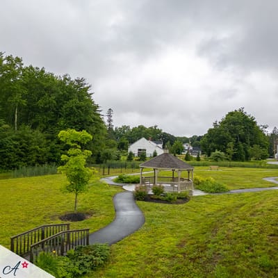 View of a landscaped outdoor space with a gazebo