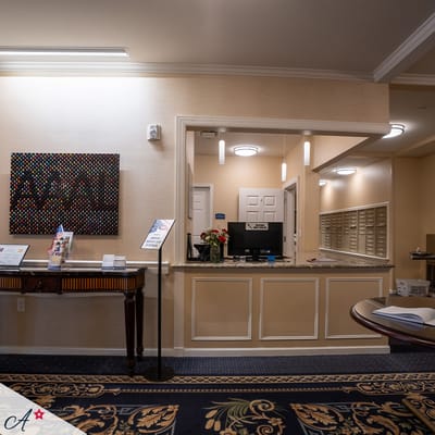 Interior view of reception area with decorative artwork