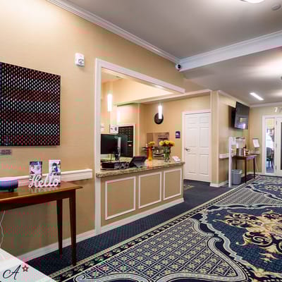 Interior view of a reception area with detailed decor