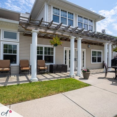 Outdoor seating area with a pergola