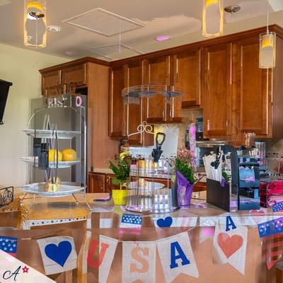 Interior view of a brightly decorated kitchen area