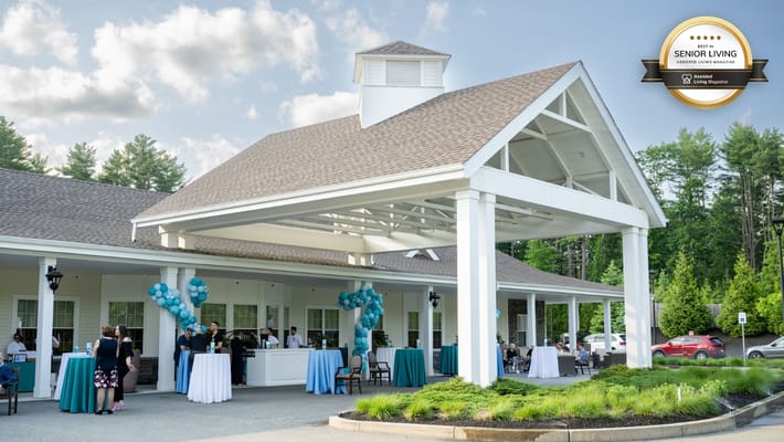 Exterior view of a facility with outdoor event setup