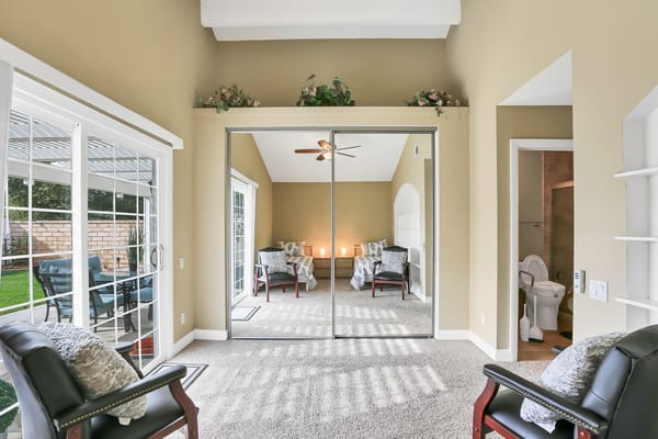 Bright interior common area with seating