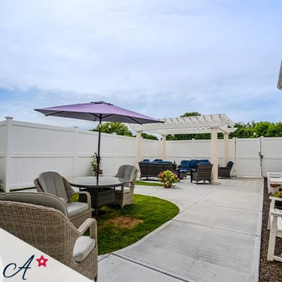 Cozy outdoor seating area with shaded umbrellas