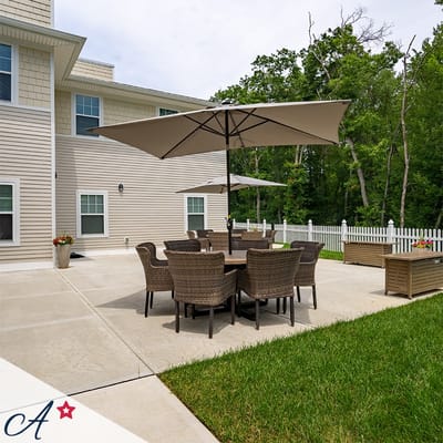 Outdoor seating area with umbrellas and tables