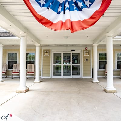 Entrance of the facility with patriotic decor