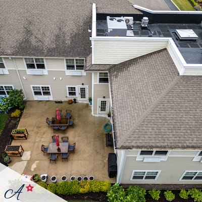 Aerial view of outdoor patio with seating