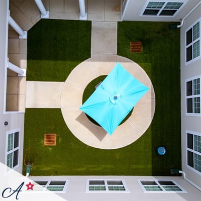 Aerial view of a landscaped outdoor space with a tent