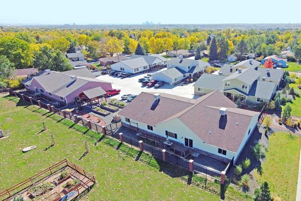 Aerial view of an assisted living community with gardens