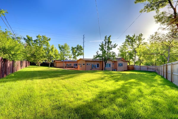 Well-maintained outdoor space with green lawn and trees