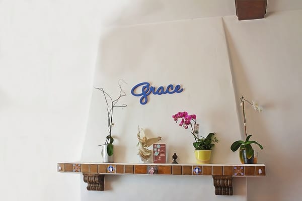 Decorative shelf with plants and name 'Grace'