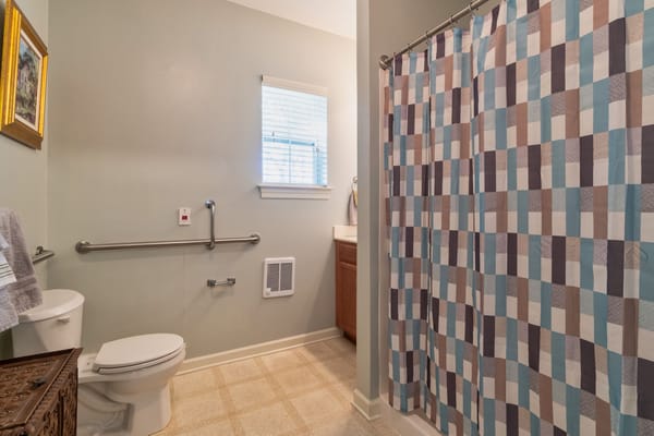 Bright, accessible bathroom with safety features