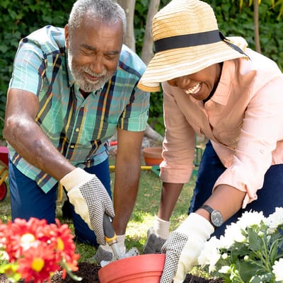 Residents gardening together in a colorful outdoor area