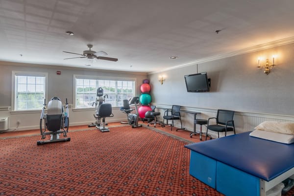 Fitness area with exercise equipment and colorful exercise balls