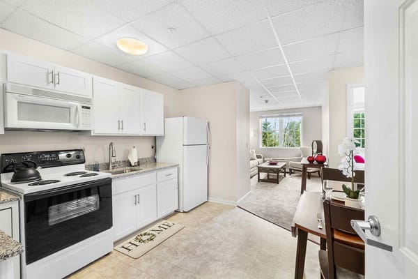 Interior view of a kitchen and living area in a resident room