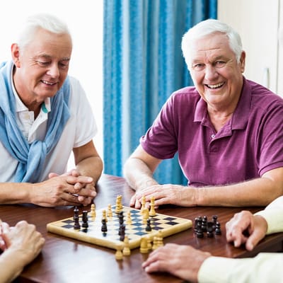 Seniors enjoying a chess game in a common area