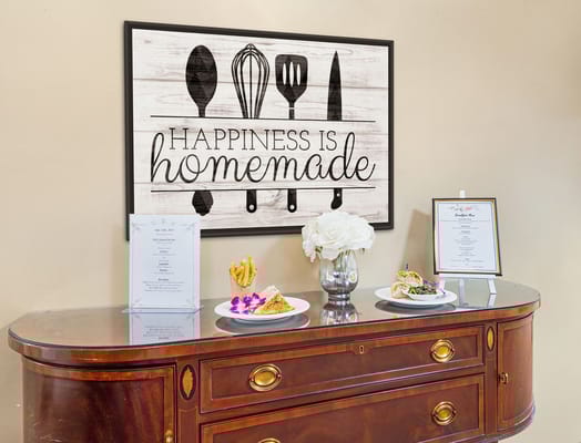 Decorative display of food and menus in a dining area