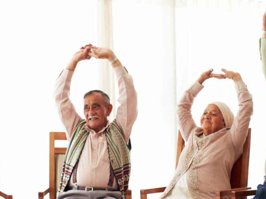 Two seniors participating in a seated exercise class