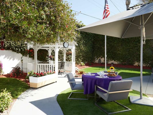 Outdoor dining area with a gazebo and refreshments