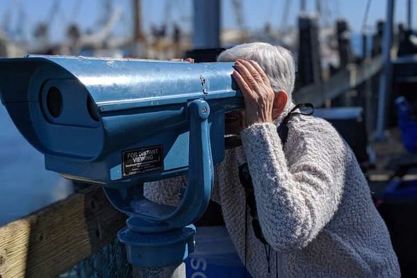 Senior looking through a telescope at a waterfront