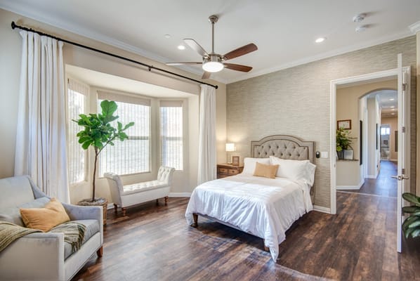 Bright and elegant private bedroom in a senior living facility