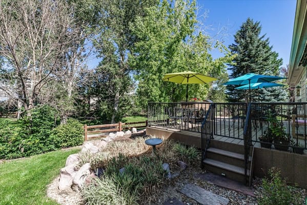 Outdoor patio area with colorful umbrellas