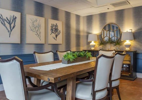Interior dining area with wooden table and stylish decor