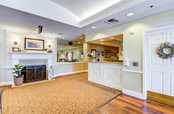 Bright lobby area of a senior living facility