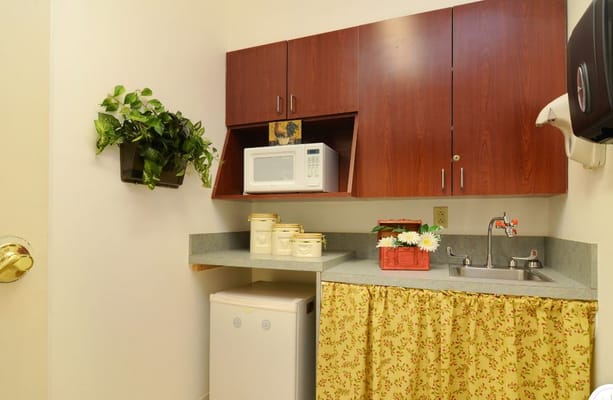 A kitchenette area with cabinetry and appliances