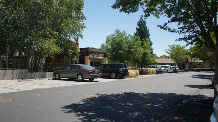 Parking lot with vehicles and landscaping