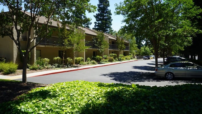 Landscape view of a senior living facility with walkways
