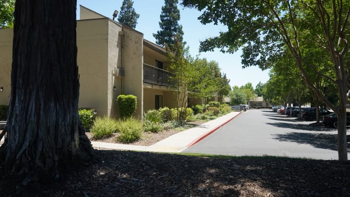 Exterior view of a nursing home building and parking area