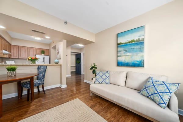 Cozy living room with sofa, dining table, and kitchen area