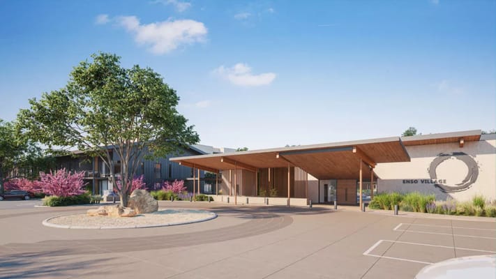 Exterior view of Enso Village facility with modern architecture