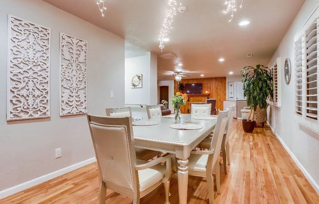 Interior dining area with a table and decor