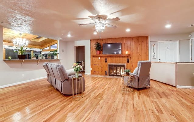 Cozy common area with comfortable seating and a fireplace