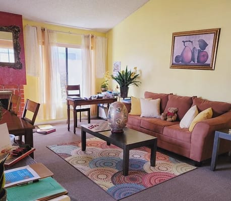 Cozy living area with a sofa and decor