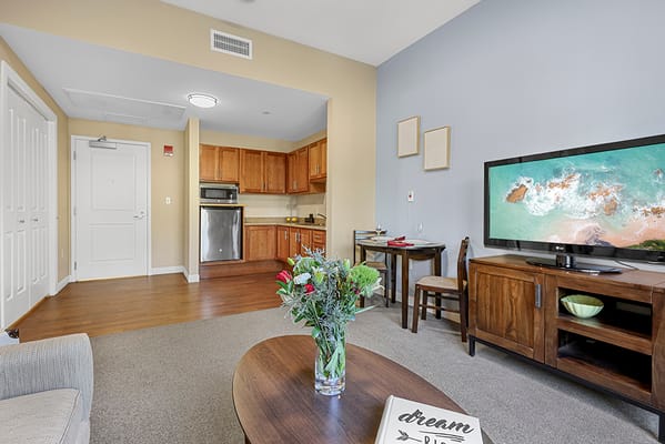 Cozy interior of a resident room with kitchen area