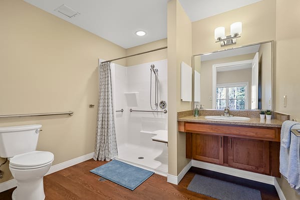 Modern bathroom with safety features and natural light