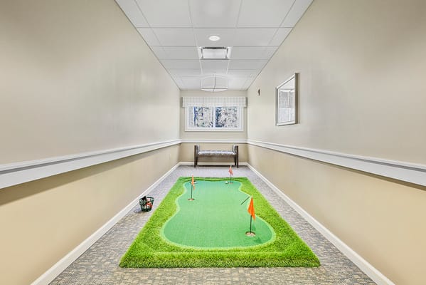 Indoor putting green setup in a hallway