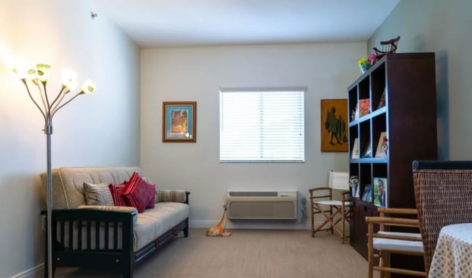 Bright and inviting living room with a sofa, lamp, and bookshelf.