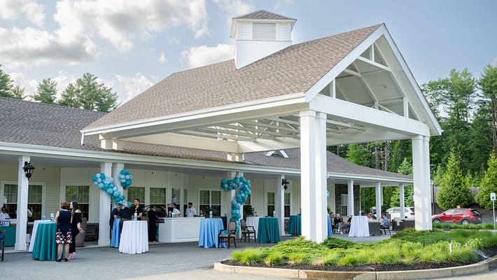 Exterior view of the building during an event with decorations