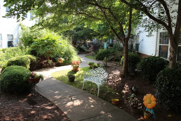 Serene outdoor garden path with seating