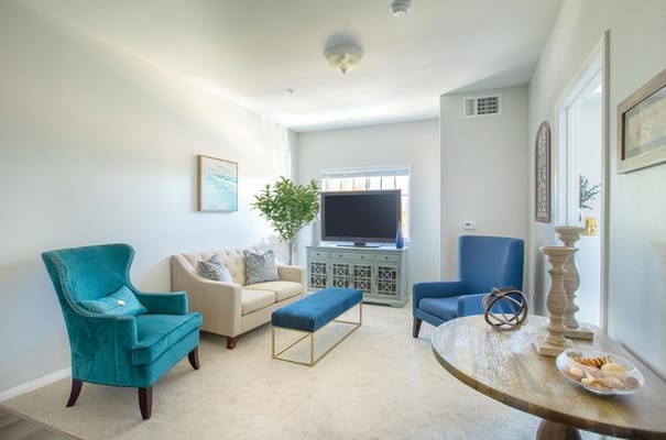 Living room with blue chairs and a television