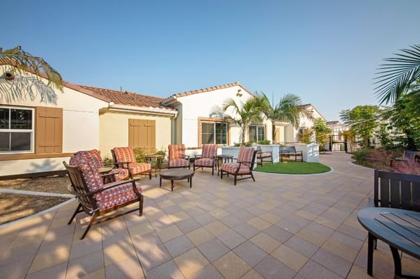Outdoor seating area with chairs and palm trees